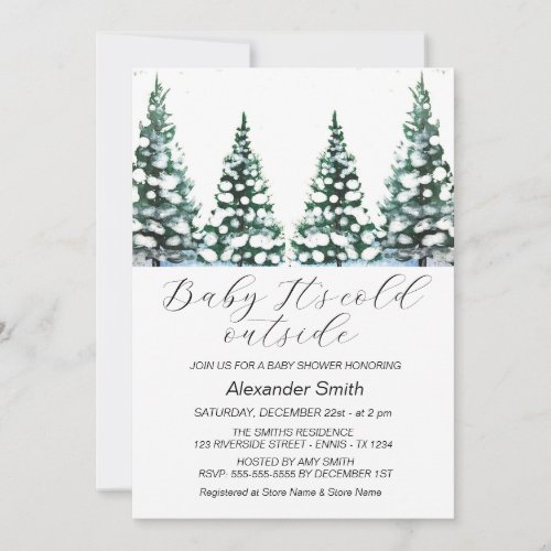 Watercolor Winter Tree Forest Boy Baby Shower  Invitation