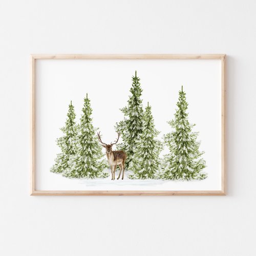 Watercolor Winter Trees and Deer Poster