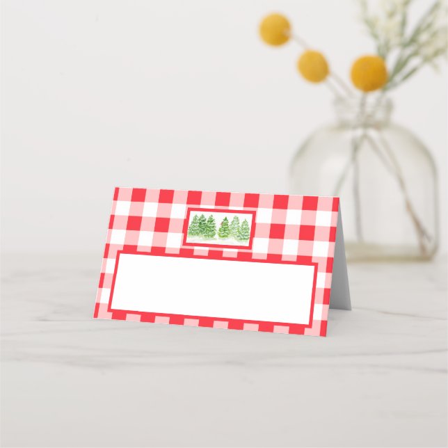 Watercolor Winter Trees Red Gingham Check  Place Card (Front)