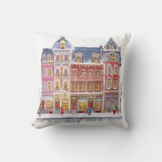 Watercolor Winter Village Christmas Town Throw Pillow
