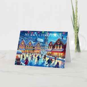 Watercolor Winter Village Ice Skaters Christmas Foil Holiday Card