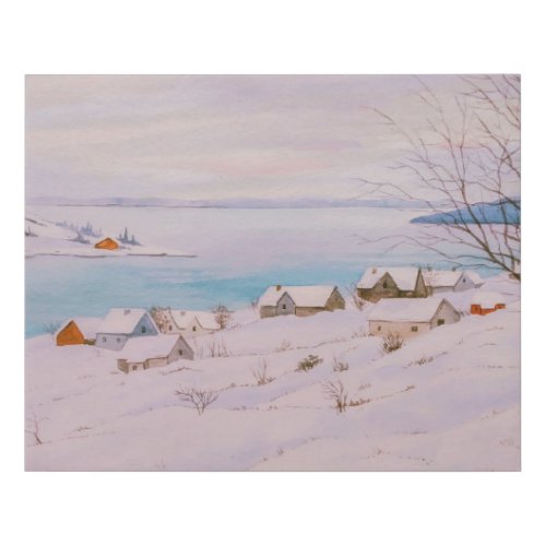 Watercolor Winter Village in Snow Christmas Faux Canvas Print