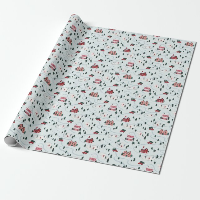 Watercolor Winter Village Scene Wrapping Paper (Unrolled)