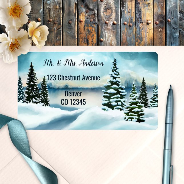 Watercolor Winter Wedding Address Label (Address label featuring a watercolor painting of a winter wonderland scene)