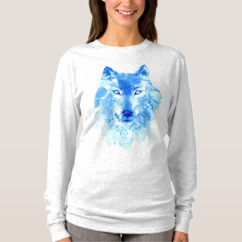 Watercolor Winter Wolf Long Sleeve T_Shirt