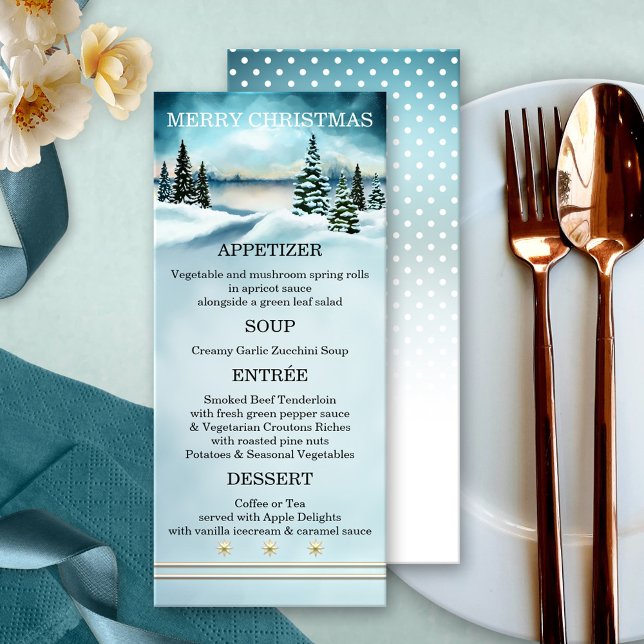 Watercolor Winter Wonderland Christmas Menu (Christmas menu card featuring a watercolor winter wonderland scene with snow capped pine trees)