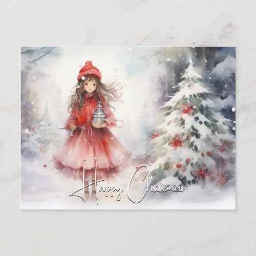 Watercolor Winter Wonderland Christmas Red Sprite  Holiday Postcard