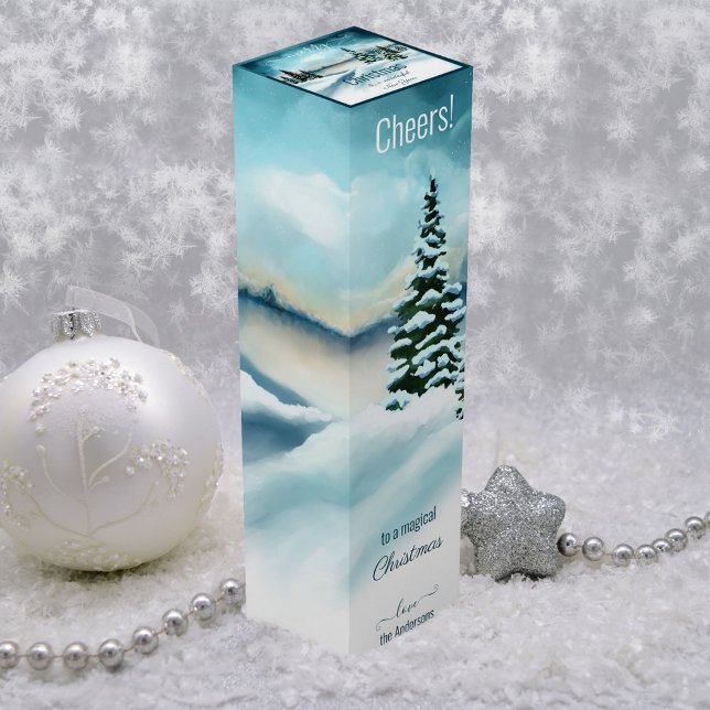 Watercolor Winter Wonderland Christmas Wine Box (Wine gift box featuring a watercolor winter wonderland scene. For Christmas or winter wedding)