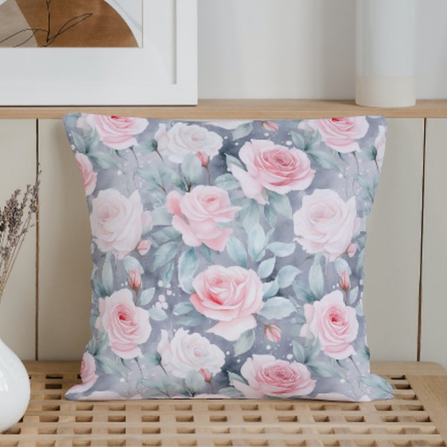 Watercolor Winter Wonderland Roses Throw Pillow (Creator Uploaded)