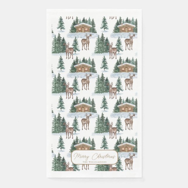 Watercolor Winter Wonderland Rustic Barn Christmas Paper Guest Towels (Front)