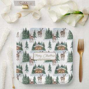 Watercolor Winter Wonderland Rustic Barn Christmas Paper Plates