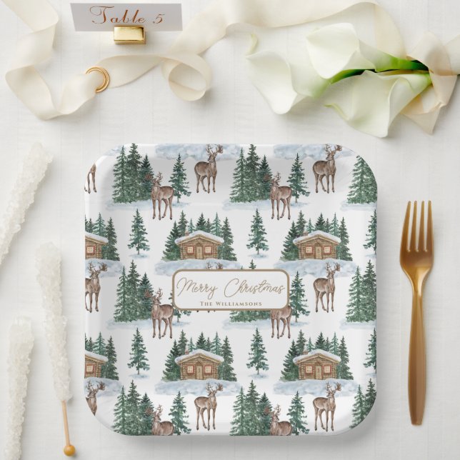 Watercolor Winter Wonderland Rustic Barn Christmas Paper Plates (Wedding)