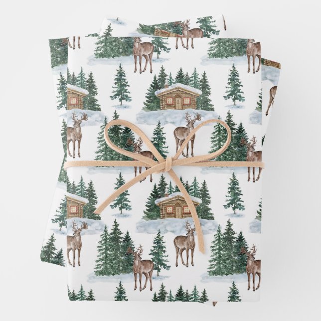Watercolor Winter Wonderland Rustic Barn Christmas Wrapping Paper Sheets (In situ)