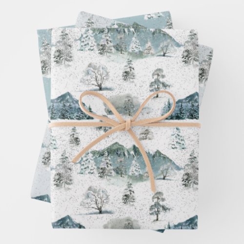 Watercolor Winter Wonderland Snowy Trees Mountains Wrapping Paper Sheets