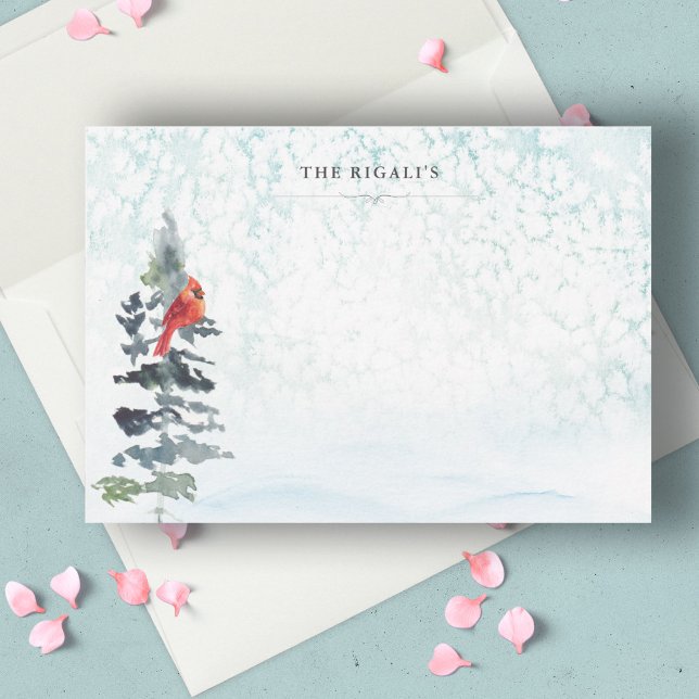 Watercolor Winter Wonderland Thank You Card (Winter notecards personalized name watercolor pine tree and snow blue)