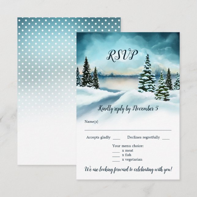 Watercolor Winter Wonderland Wedding Menu RSVP Invitation (Front/Back)