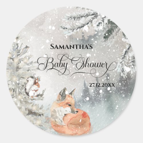 Watercolor winter woodland baby shower classic round sticker