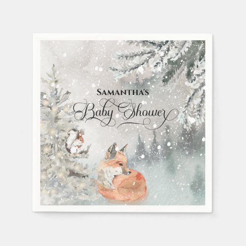Watercolor winter woodland baby shower napkins