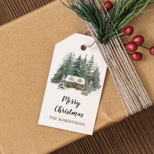 Watercolor Winter Woodland Home Merry Christmas Gift Tags | Zazzle
