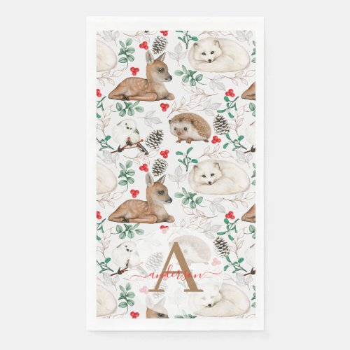 Watercolor Winter Woodland Monogrammed Christmas Paper Guest Towels