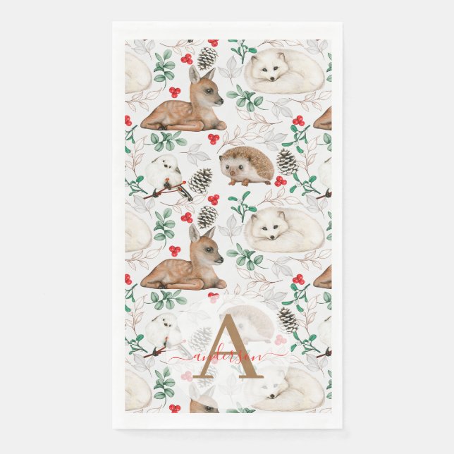 Watercolor Winter Woodland Monogrammed Christmas Paper Guest Towels (Front)