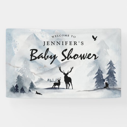 Watercolor Winter Woodland Mountains Baby Shower Banner