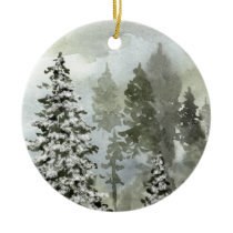 Watercolor Winter Woodland Scene Ceramic Ornament