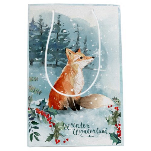 Watercolor winter woodland scene fox Christmas Medium Gift Bag