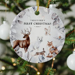 Watercolor Winter Woodland Wildlife 1st Christmas Ceramic Ornament<br><div class="desc">Keepsake 'First Christmas' ornament. Our design features a watercolor snowy botanical foliage frame with realistic watercolour animals (deer,  fox,  hare,  snow fox,  owl and robin),  name and year.</div>