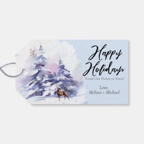Watercolor Winter Woodlands Happy Holidays Gift Tags