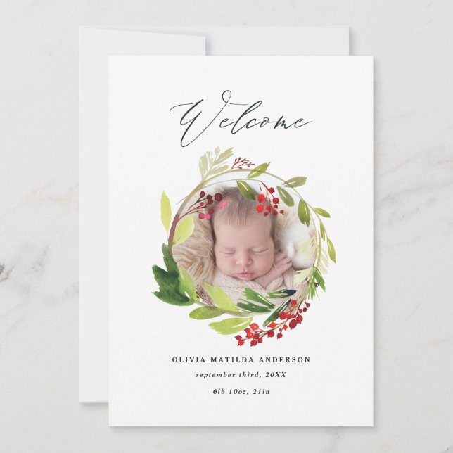 Watercolor winter wreath birth announcement (Front)