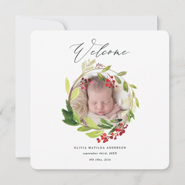 Watercolor winter wreath birth announcement (Front)