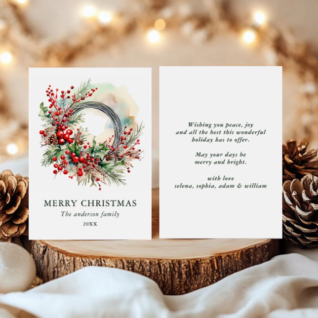 Watercolor Winter Wreath with Red Berrie Christmas Holiday Card (Creator Uploaded)