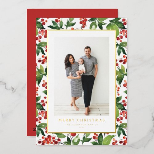 Watercolor Winterberries Merry Christmas Photo Foil Holiday Card