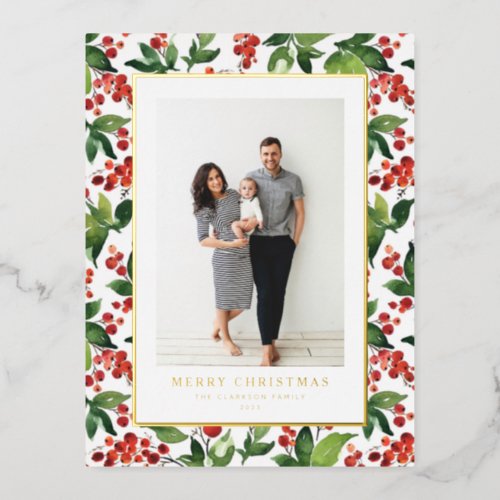 Watercolor Winterberries Merry Christmas Photo Foil Holiday Postcard