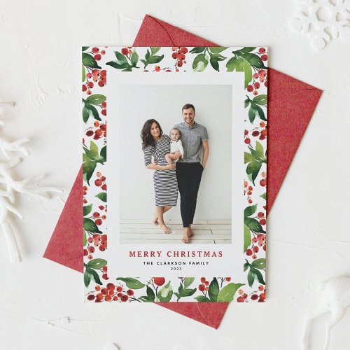 Watercolor Winterberries Merry Christmas Photo Holiday Card