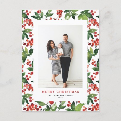 Watercolor Winterberries Merry Christmas Photo Holiday Postcard
