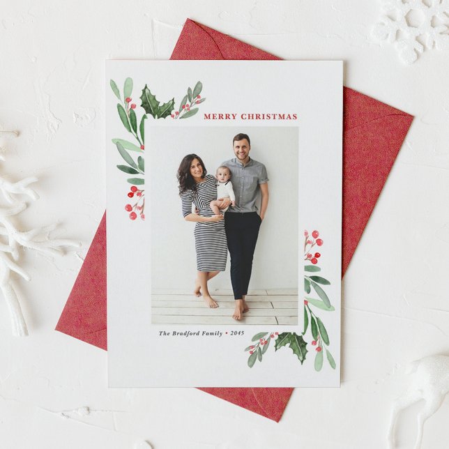 Watercolor Winterberry and Holly Photo Christmas Holiday Card (Watercolor Winterberry and Holly Photo Christmas Holiday Card)