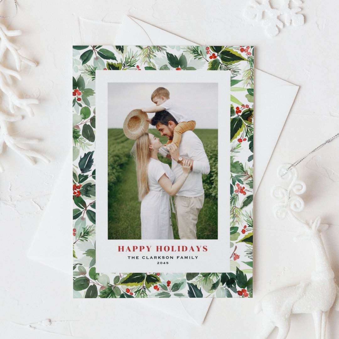 Watercolor Winterberry and Variegated Leaves Photo Holiday Card