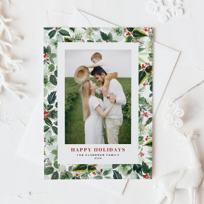 Watercolor Winterberry and Variegated Leaves Photo Holiday Card