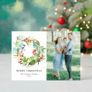 Watercolor Winterberry Greenery Wreath Christmas Letterpress Photo Cards