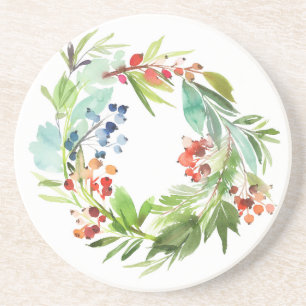 Watercolor Winterberry Holly and Juniper Christmas Coaster