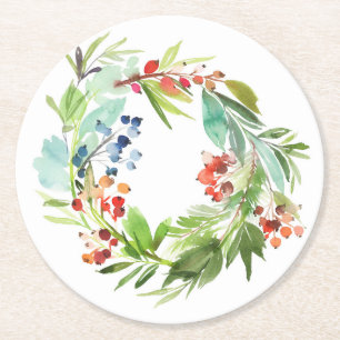Watercolor Winterberry Holly and Juniper Christmas Round Paper Coaster