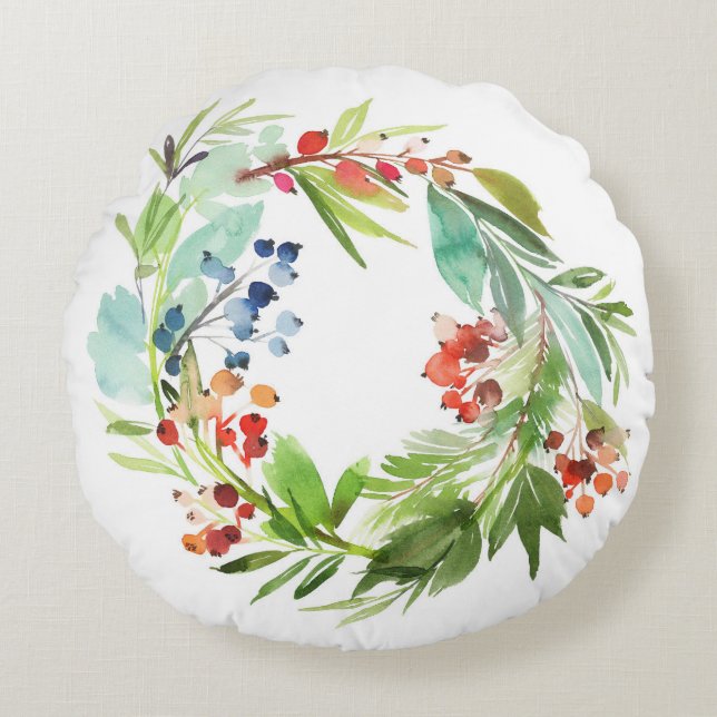 Watercolor Winterberry Holly and Juniper Christmas Round Pillow (Front)