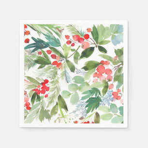 Watercolor Winterberry Holly Pattern Christmas Napkins