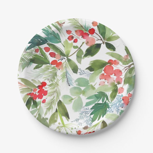 Watercolor Winterberry Holly Pattern Christmas Paper Plates (Front)