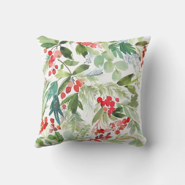 Watercolor Winterberry Holly Pattern Christmas Throw Pillow (Back)
