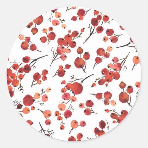 Watercolor Winterberry Pattern Christmas Classic Round Sticker