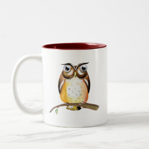 Watercolor Wise Owl on Branch Collectible Two-Tone Coffee Mug