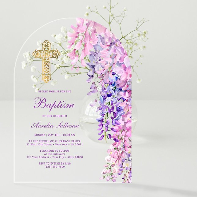 Watercolor Wisteria Arch Baptism Acrylic Invitations (Creator Uploaded)